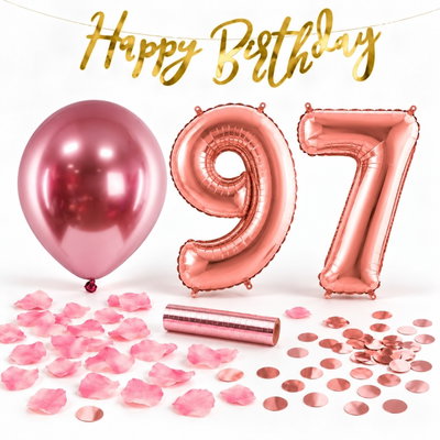 97-års festpaket, Roséguld, Stor – paketets dekorationer på vit bakgrund
