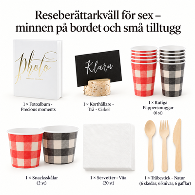 Reseberättarkväll för sex – minnen på bordet och små tilltugg – innehåll och antal försäljningsförpackningar