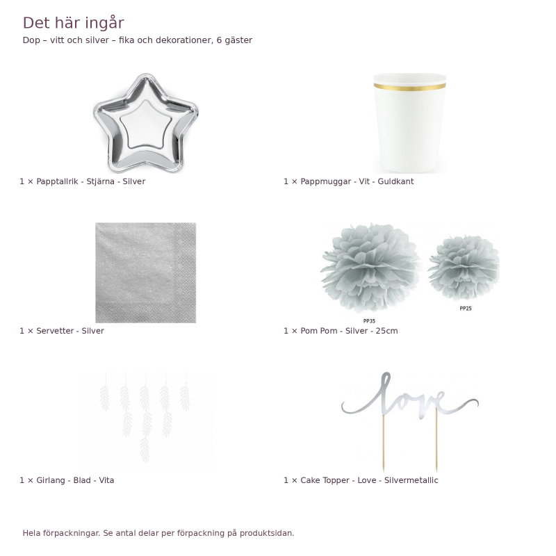 Dop – vitt och silver – fika och dekorationer, 6 gäster – innehåll och antal förpackningar