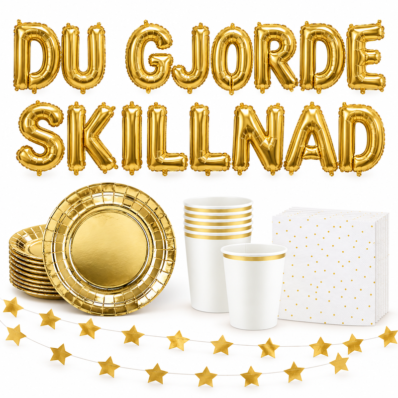 DU GJORDE SKILLNAD, 35 cm guld bokstavsballonger med guld dukning