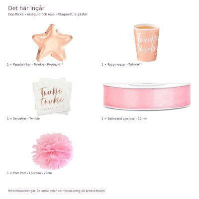 Dop flicka – roséguld och rosa – fikapaket, 6 gäster – innehåll och antal förpackningar