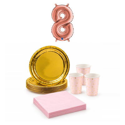 8-årskalas, Rosa och guld, kalaspaket, 6 gäster – sammansatt bild av paketets produkter