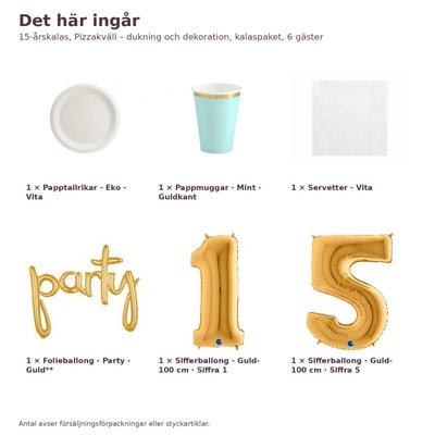 15-årskalas, Pizzakväll – dukning och dekoration, kalaspaket, 6 gäster – innehåll och antal, sifferballong 100 cm
