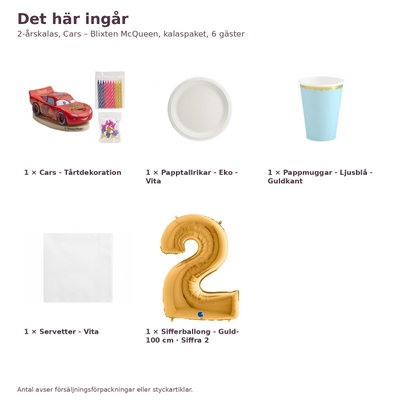 2-årskalas, Cars – Blixten McQueen, kalaspaket, 6 gäster – innehåll och antal, sifferballong 100 cm