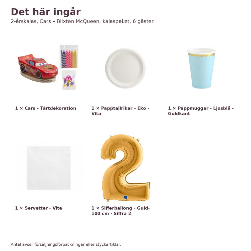 2-årskalas, Cars – Blixten McQueen, kalaspaket, 6 gäster – innehåll och antal, sifferballong 100 cm