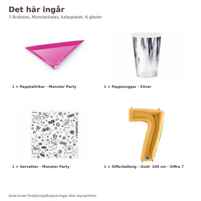 7-årskalas, Monsterkalas, kalaspaket, 6 gäster – innehåll och antal, sifferballong 100 cm