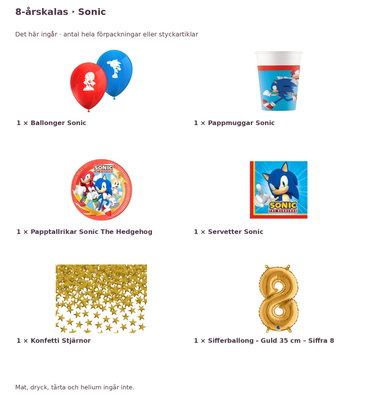 8-årskalas, Sonic, kalaspaket, 8 gäster – innehåll och antal förpackningar