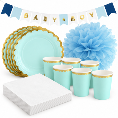 Babyshower pojke – mint och blått – fikapaket, 6 gäster – samlat paketinnehåll