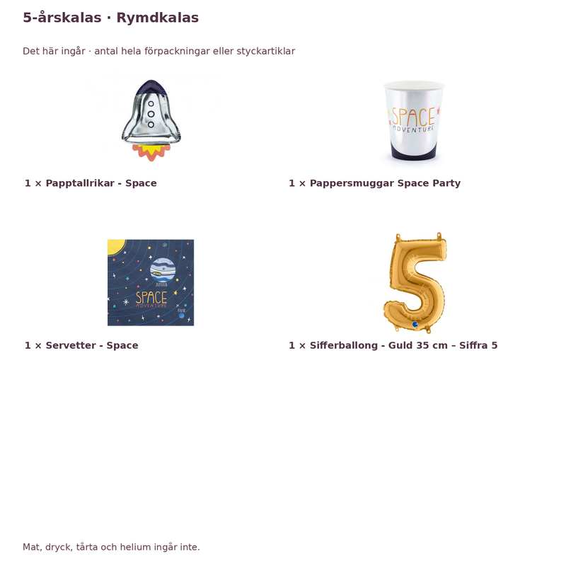 5-årskalas, Rymdkalas, kalaspaket, 6 gäster – innehåll och antal förpackningar