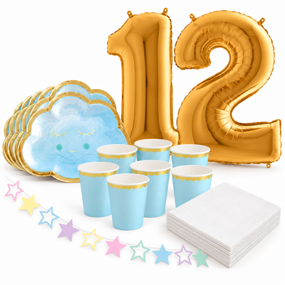 12-årskalas, Pyjamasparty – moln och stjärnor, kalaspaket, 6 gäster – samlat paketinnehåll