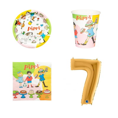 7-årskalas, Pippi Långstrump, kalaspaket, 8 gäster – paketets produkter med sifferballong 100 cm