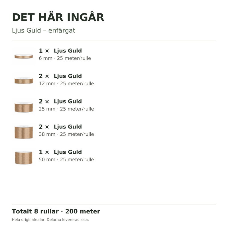 Det här ingår – Satinbandspaket – Ljus Guld – 8 rullar