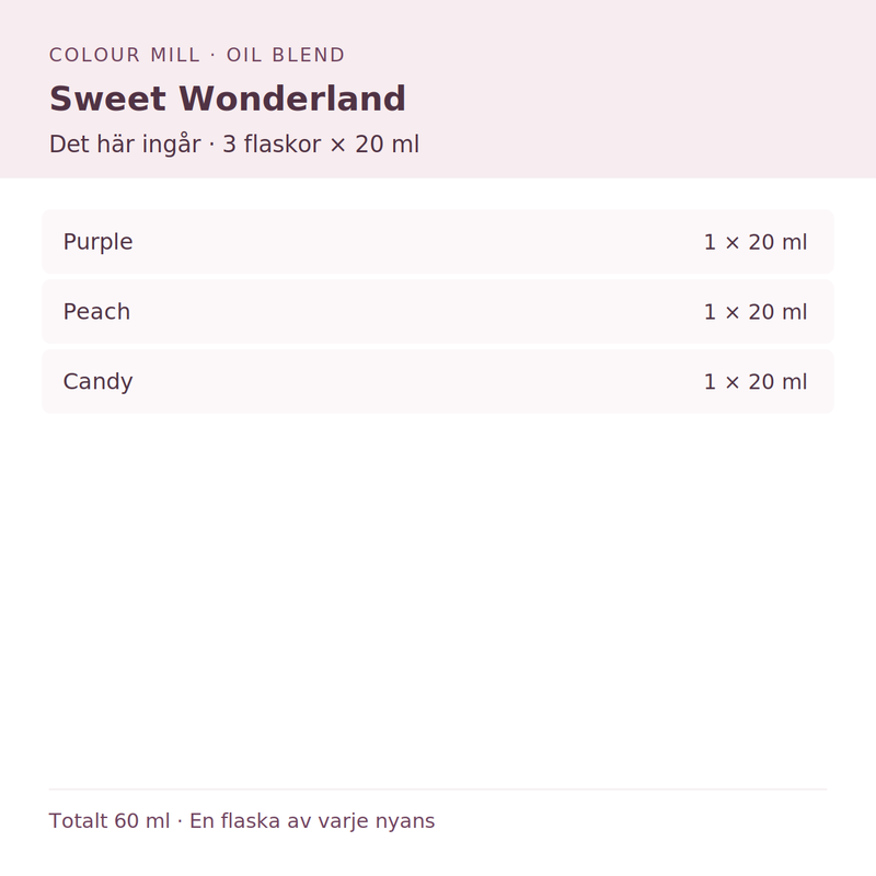 Paketinnehåll: 1 × Purple 20 ml, 1 × Peach 20 ml, 1 × Candy 20 ml