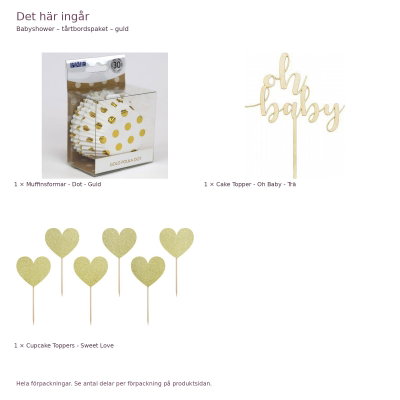 Babyshower – tårtbordspaket – guld – exakt innehåll och antal förpackningar