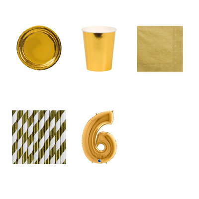 6-årskalas, Guld, kalaspaket, 8 gäster – paketets produkter med sifferballong 100 cm