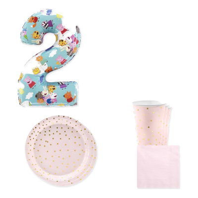 Greta Gris – 2-årskalas – rosa dukning och ballong, 12 gäster