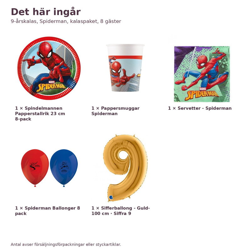 9-årskalas, Spiderman, kalaspaket, 8 gäster – innehåll och antal, sifferballong 100 cm