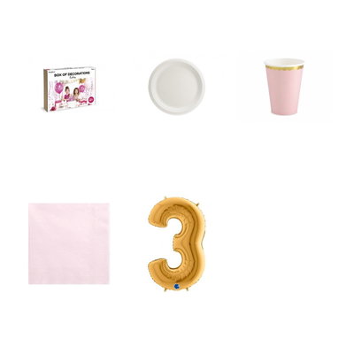 3-årskalas, Prinsesskalas, kalaspaket, 6 gäster – paketets produkter med sifferballong 100 cm
