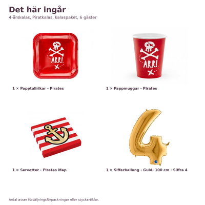4-årskalas, Piratkalas, kalaspaket, 6 gäster – innehåll och antal, sifferballong 100 cm