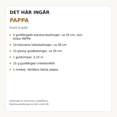 Paketets innehåll och antal – PAPPA – dekorationspaket till fars dag – svart & guld