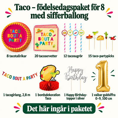 Taco – födelsedagspaket för 8 med sifferballong – innehåll och antal
