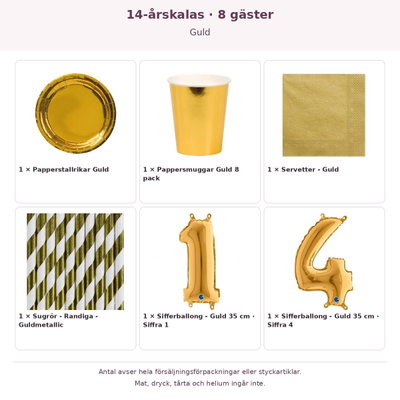 14-årskalas, Guld, kalaspaket, 8 gäster – innehåll och antal förpackningar