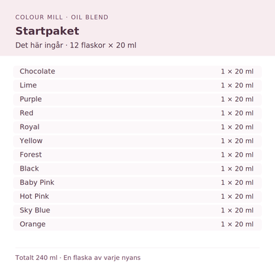 Paketinnehåll: 1 × Chocolate 20 ml, 1 × Lime 20 ml, 1 × Purple 20 ml, 1 × Red 20 ml, 1 × Royal 20 ml, 1 × Yellow 20 ml, 1 × Forest 20 ml, 1 × Black 20 ml, 1 × Baby Pink 20 ml, 1 × Hot Pink 20 ml, 1 × Sky Blue 20 ml, 1 × Orange 20 ml