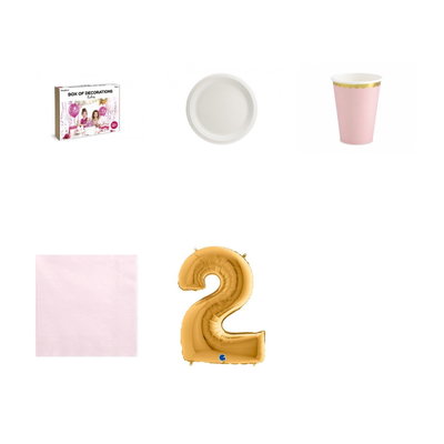 2-årskalas, Prinsesskalas, kalaspaket, 6 gäster – paketets produkter med sifferballong 100 cm