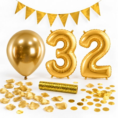 32-års festpaket, Guld, Stor – paketets dekorationer på vit bakgrund