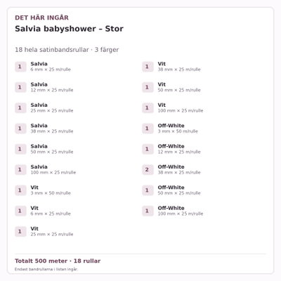 Det här ingår – Satinbandspaket – Salvia babyshower – Stor – 18 rullar