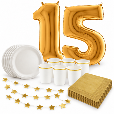15-årskalas, Middagsfest – vitt och guld, kalaspaket, 6 gäster – samlat paketinnehåll