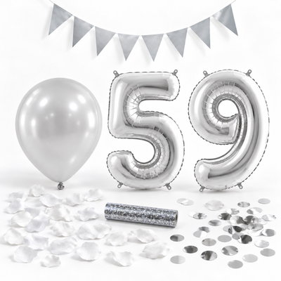 59-års festpaket, Silver, Stor – paketets dekorationer på vit bakgrund