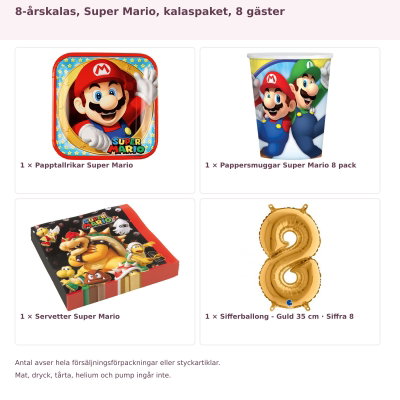 8-årskalas, Super Mario, kalaspaket, 8 gäster – innehåll och antal förpackningar