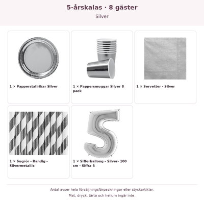5-årskalas, Silver, kalaspaket, 8 gäster – innehåll och antal förpackningar