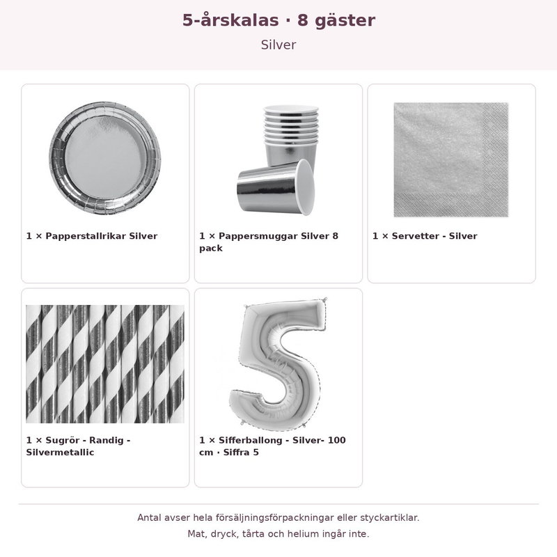 5-årskalas, Silver, kalaspaket, 8 gäster – innehåll och antal förpackningar