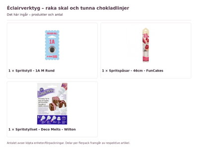 Éclairverktyg – raka skal och tunna chokladlinjer – innehåll och antal förpackningar