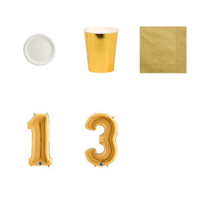 13-årskalas, Vitt och guld, kalaspaket, 6 gäster – paketets produkter med sifferballong 100 cm
