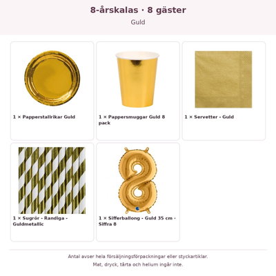 8-årskalas, Guld, kalaspaket, 8 gäster – innehåll och antal förpackningar