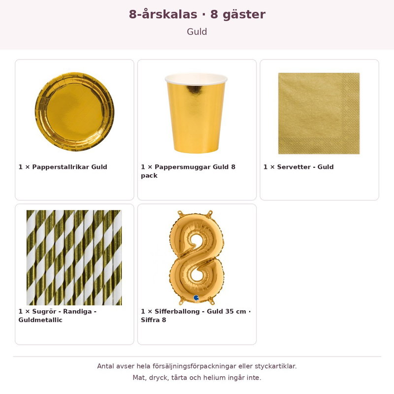 8-årskalas, Guld, kalaspaket, 8 gäster – innehåll och antal förpackningar
