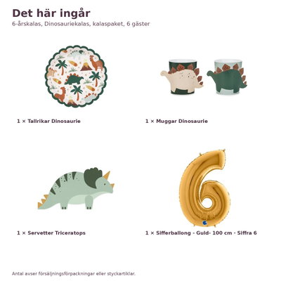 6-årskalas, Dinosauriekalas, kalaspaket, 6 gäster – innehåll och antal, sifferballong 100 cm
