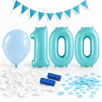 100-års festpaket, Blått, Stor – paketets dekorationer på vit bakgrund