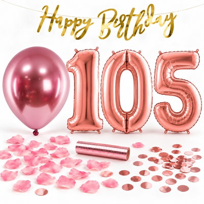 105-års festpaket, Roséguld, Stor – paketets dekorationer på vit bakgrund