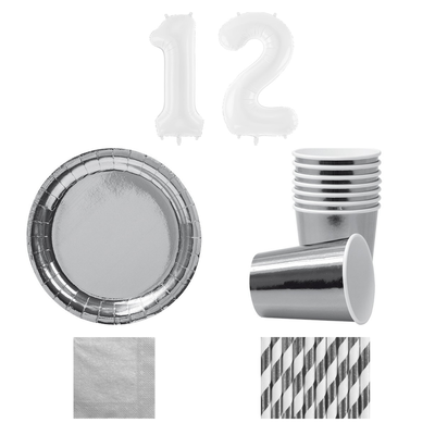 12-årskalas, Silver och vitt, kalaspaket, 8 gäster – sammansatt bild av paketets produkter