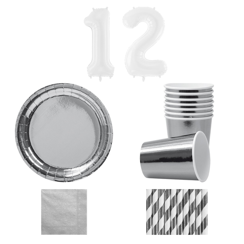 12-årskalas, Silver och vitt, kalaspaket, 8 gäster – sammansatt bild av paketets produkter