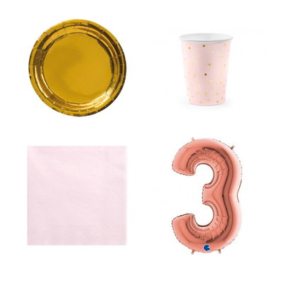 3-årskalas, Rosa och guld, kalaspaket, 6 gäster – paketets produkter med sifferballong 100 cm