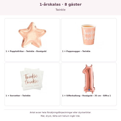 1-årskalas, Twinkle, kalaspaket, 8 gäster – innehåll och antal förpackningar