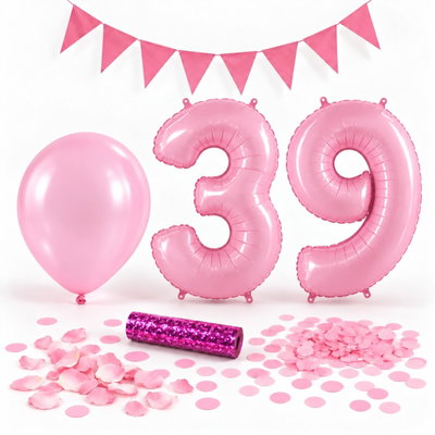 39-års festpaket, Rosa, Stor – paketets dekorationer på vit bakgrund
