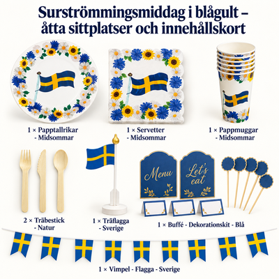 Surströmmingsmiddag i blågult – åtta sittplatser och innehållskort – innehåll och antal försäljningsförpackningar