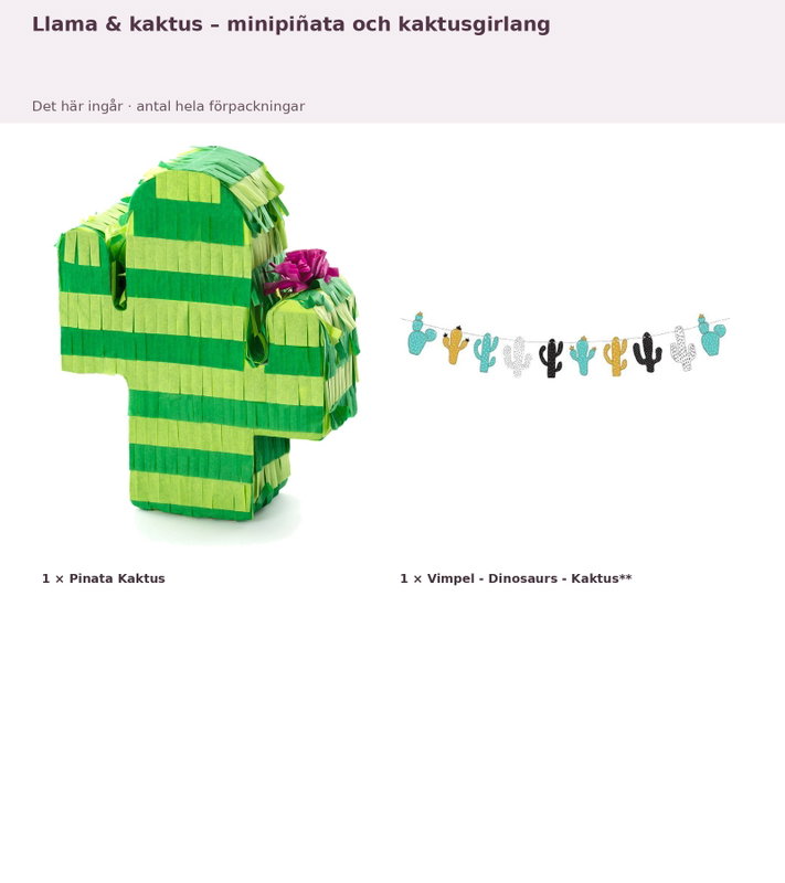 Llama & kaktus – minipiñata och kaktusgirlang – innehåll och antal