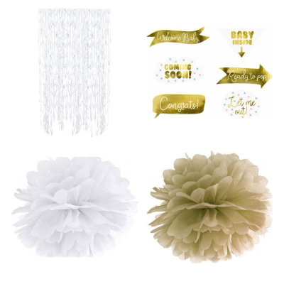 Babyshower och dop – fotohörna – vitt och guld – paketets produkter